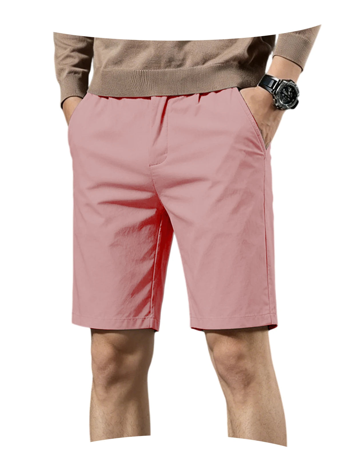 Men Cotton Solid Knee Length Bermuda Shorts Straight Chino Shorts Front Back Pockets Breathable Summer Beach Daily Casual Shorts