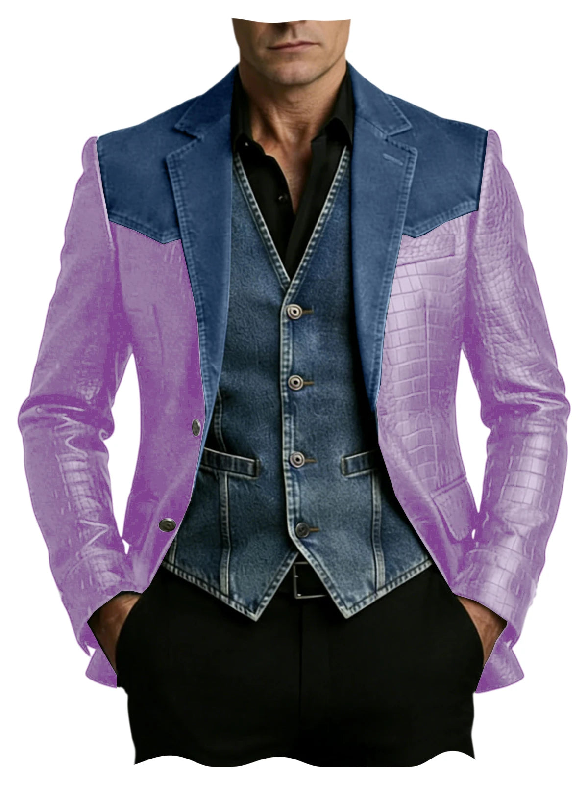 Men's Blazer Luxury Crocodile Embossed Leather Patchwork Denim Suit Jacket Notched Lapel Western Cowboy Party Casual Streetwear