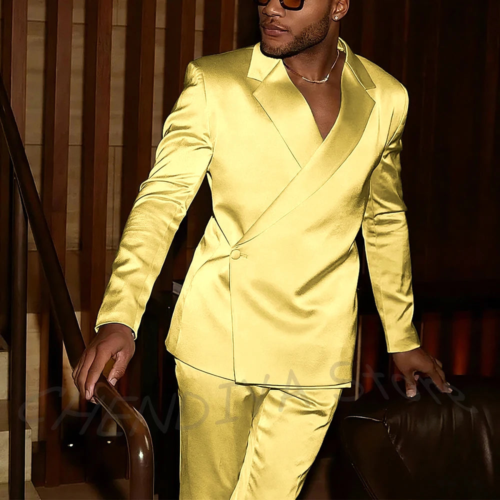 Fashion Notch Lapel Satin Men Suit High Quality Single Button Slim Fitted Outfit Jacket Pants Model Show Party Prom Male Set