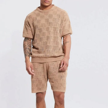 Summer Men's Solid Casual Tide Loose Knit Short Sleeve Shorts Fashion Suit 2024 High Street Casual Men's Summer Suit S-3XL