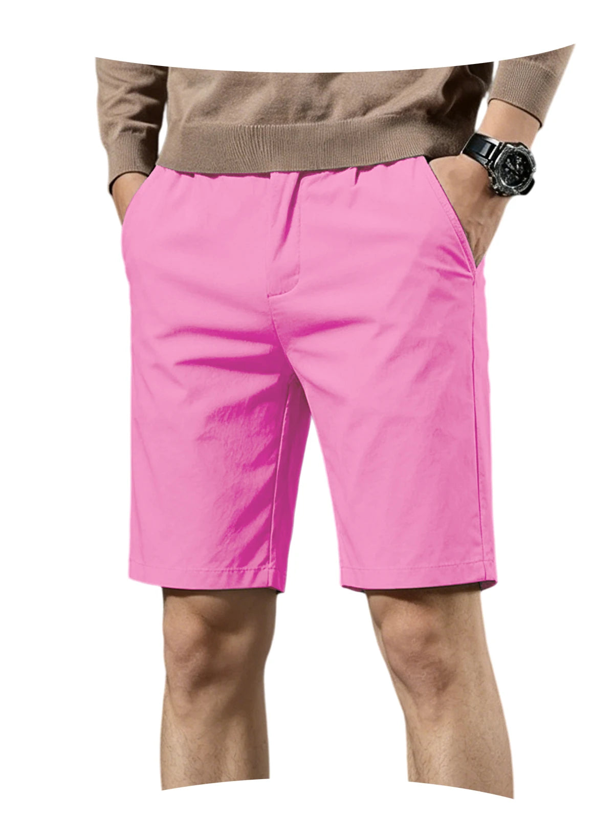 Men Cotton Solid Knee Length Bermuda Shorts Straight Chino Shorts Front Back Pockets Breathable Summer Beach Daily Casual Shorts