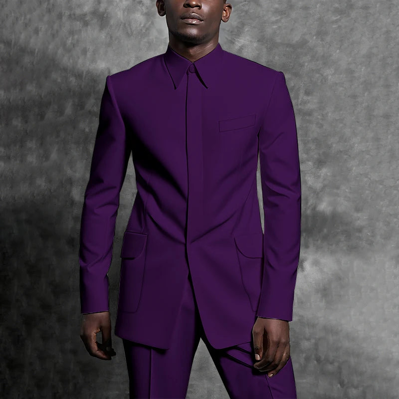 Tailored Suits Stand Collar Tuxedo Gentleman Solid Color Outfit Man Suit Set 2 Piece Smart Casual Daily Office Male Clothing