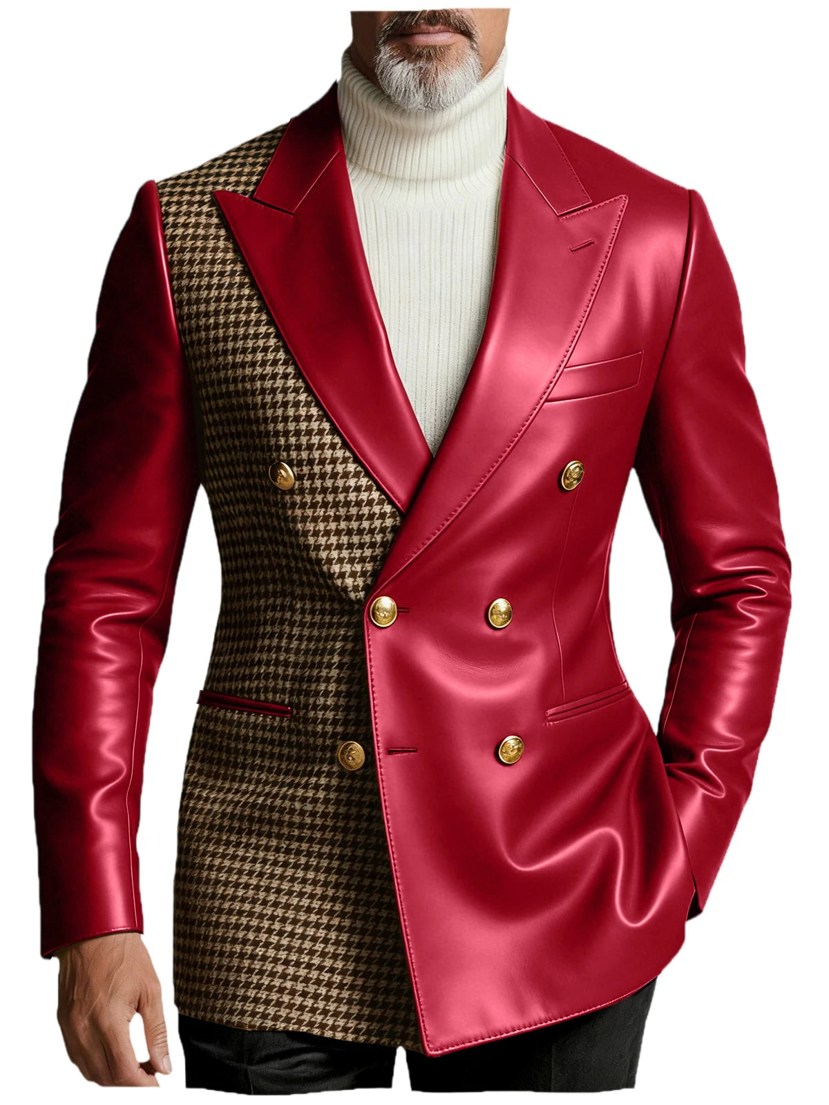 Men's Houndstooth Faux Leather Patchwork Blazer Jacket Double Breasted Peak Lapel Gold Button Slim Fit Suit For Business Casual