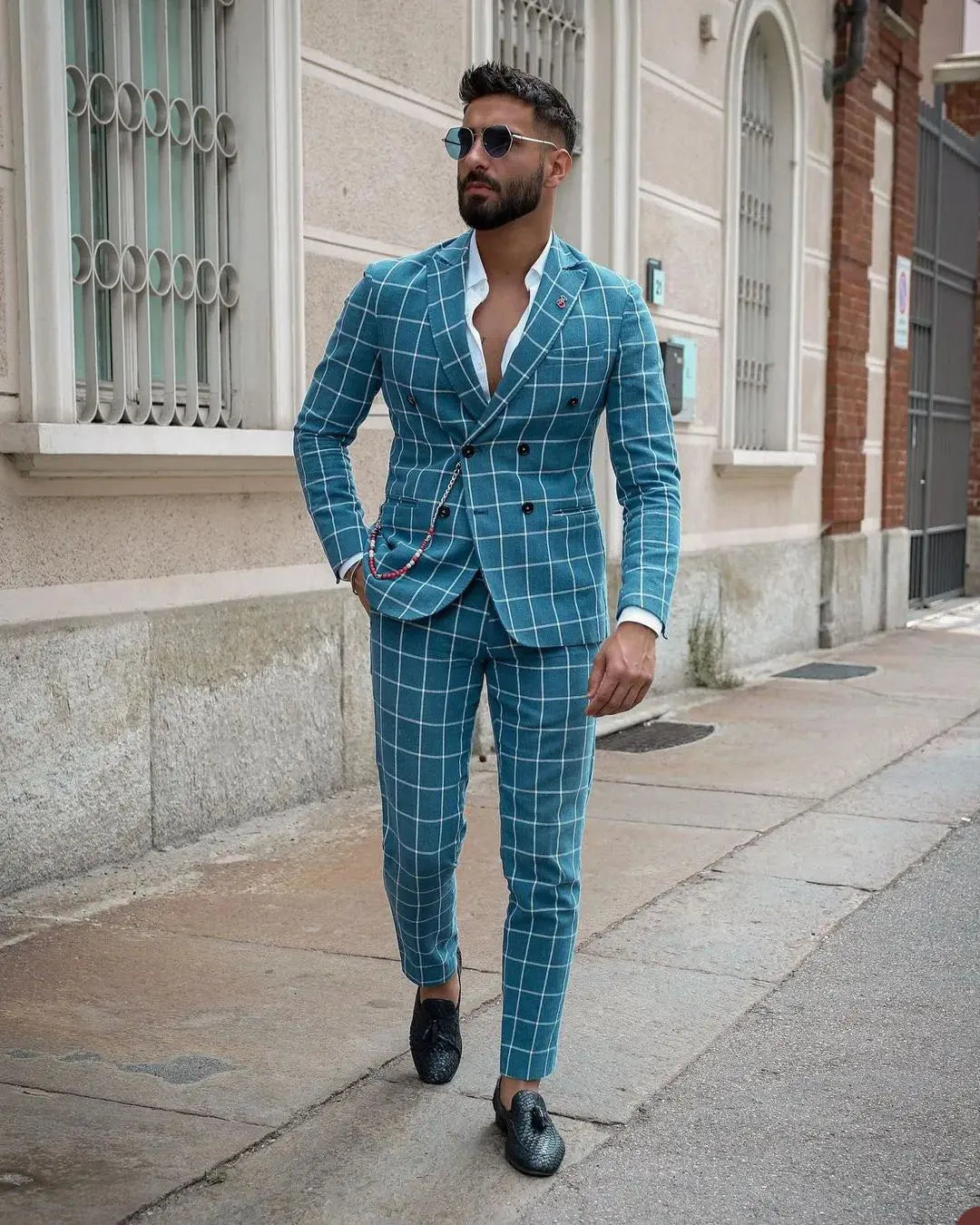 Plaid Men Suit Tailor-Made 2 Pieces Blue Blazer Pants Double Breasted Slim Fit Formal Business Causal Party Host Customized