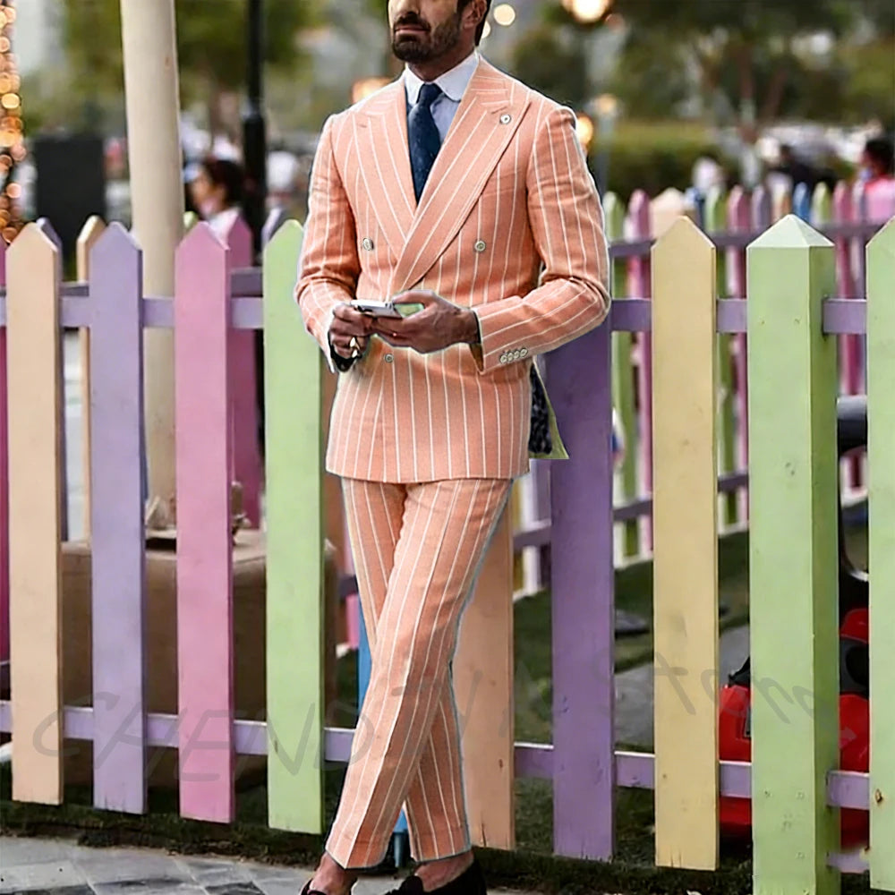 Light Purple Striped Men Suit England Style Peaked Lapel Double Breasted Classic Male Clothing Wedding Groom Tuxedo Custom Set