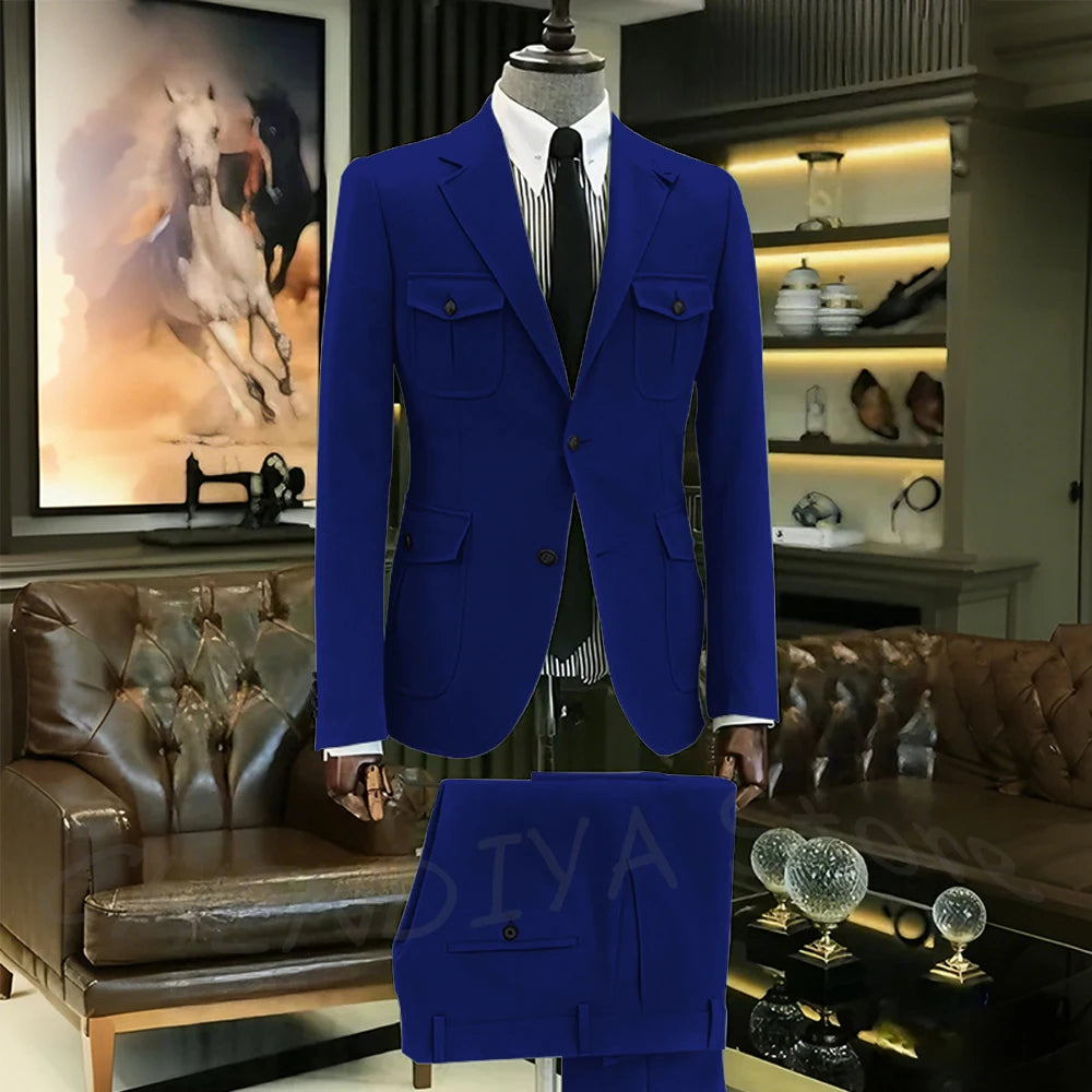 Customized Men Suits Solid Color Four Pockets Notch Lapel Outfits Formal Party Prom Daily Male Sets Two Piece(Blazer+Pants)