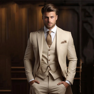 Fashion Beige Suits Men Formal Party Business Blazer Shawl Lapel Wedding Groom Tuxedo 3 Piece Jacket Vest Pants