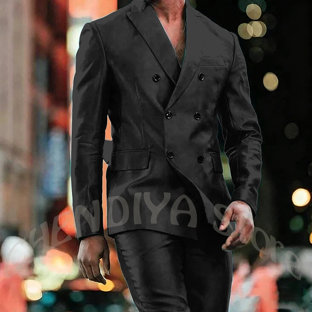 Elegant Satin Men Suit 2 Pieces Peaked Lapel Handsome Tailor-Made Custom Man Fashion Clothes Set Smart Casual Jacket Pants