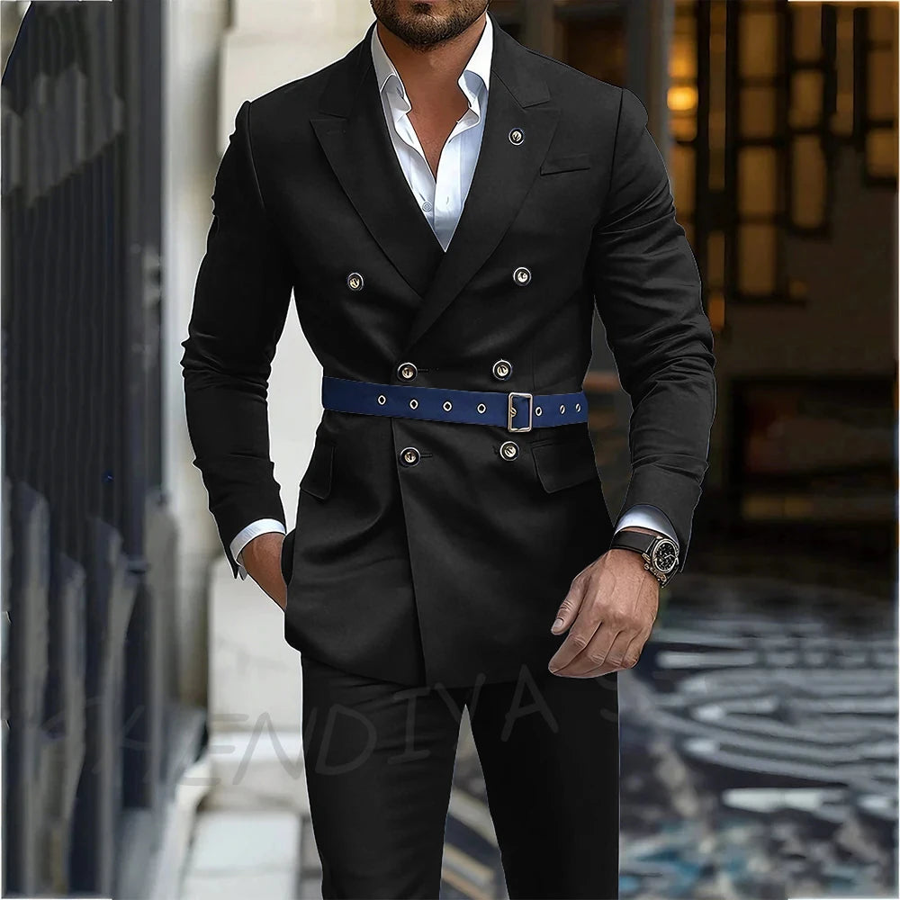 Navy Blue Men's Suit Classic Peak Lapel Blazer Double Breasted Formal Set Two Piece Business Casual Male Clothing Without Belt
