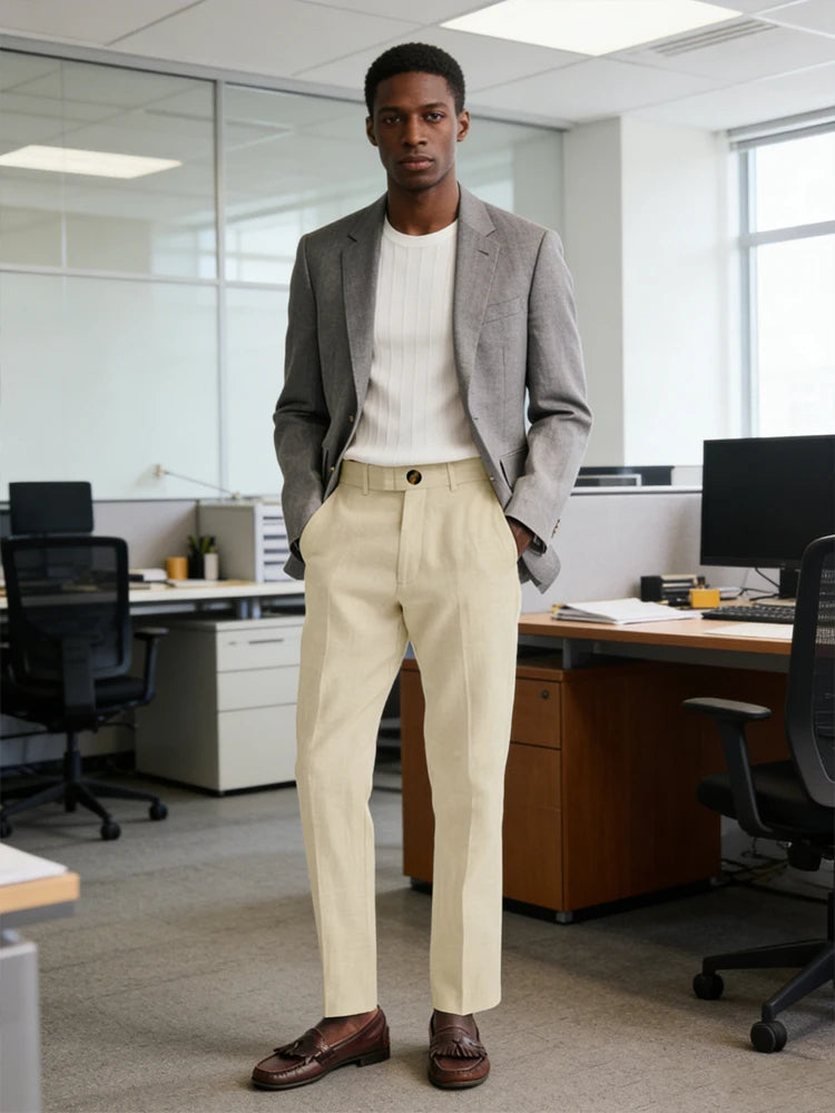 Men's Linen Straight Fit Pants Wrinkle-Resistant Lightweight Breathable Flat-Front Casual Trousers Expandable-Waist For Summer