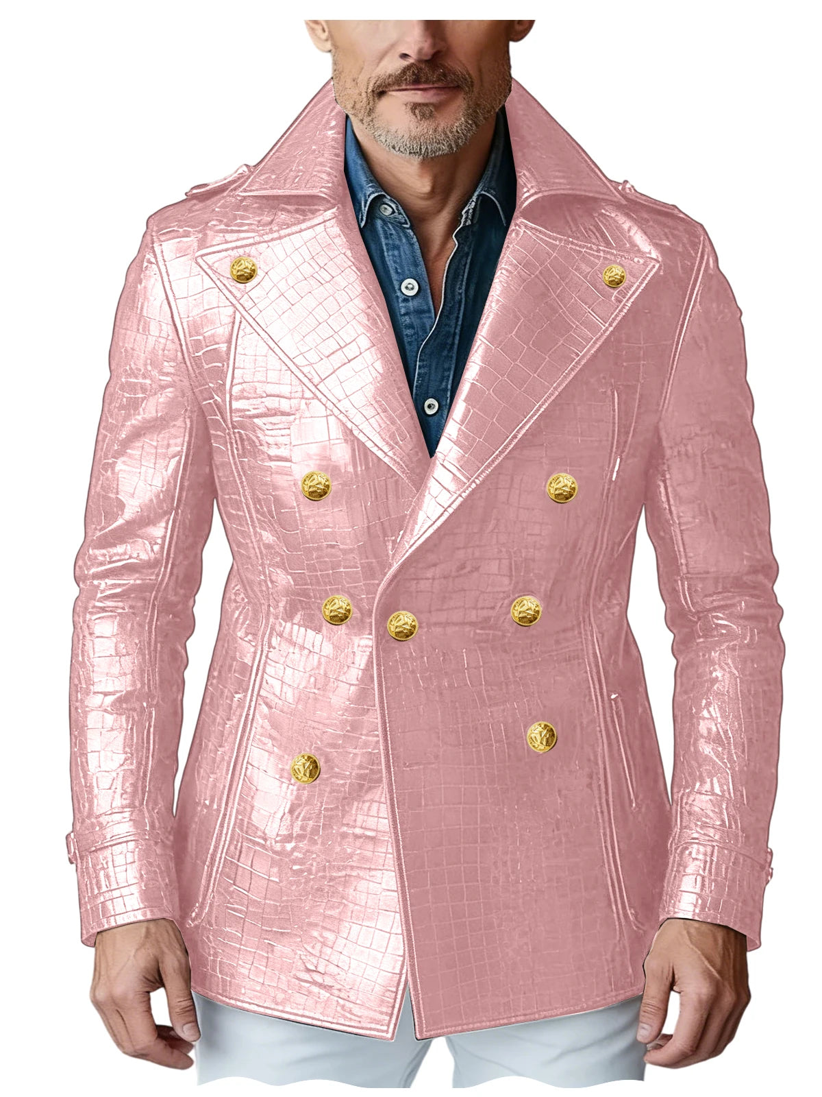 Men's Crocodile Embossed Leather Blazer Double Breasted Trench Coat Wide Lapel Gold Button Slim Fit Jacket For Four Season
