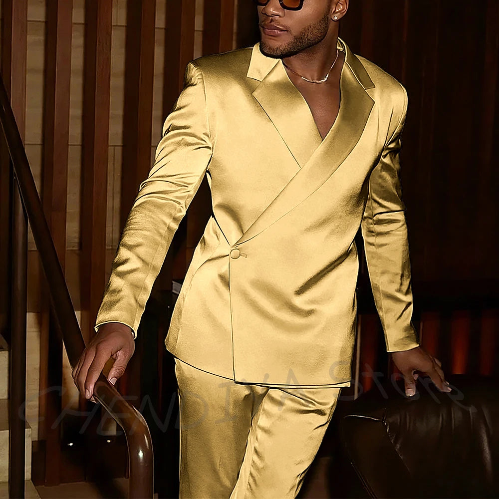 Fashion Notch Lapel Satin Men Suit High Quality Single Button Slim Fitted Outfit Jacket Pants Model Show Party Prom Male Set