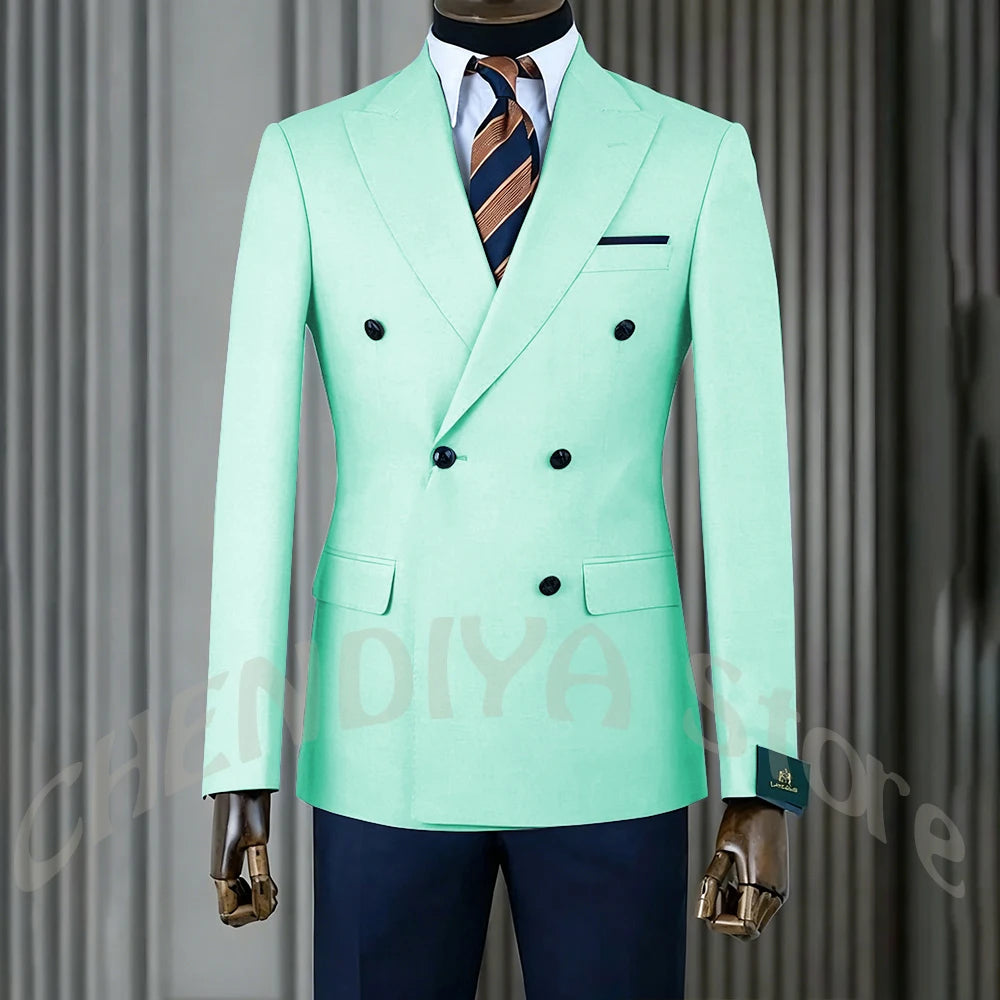 Stylish Men Suits Contrast Color Formal Blazer Male Clothing Double Breasted Business Casual Party Prom Jacket Pants Navy Blue