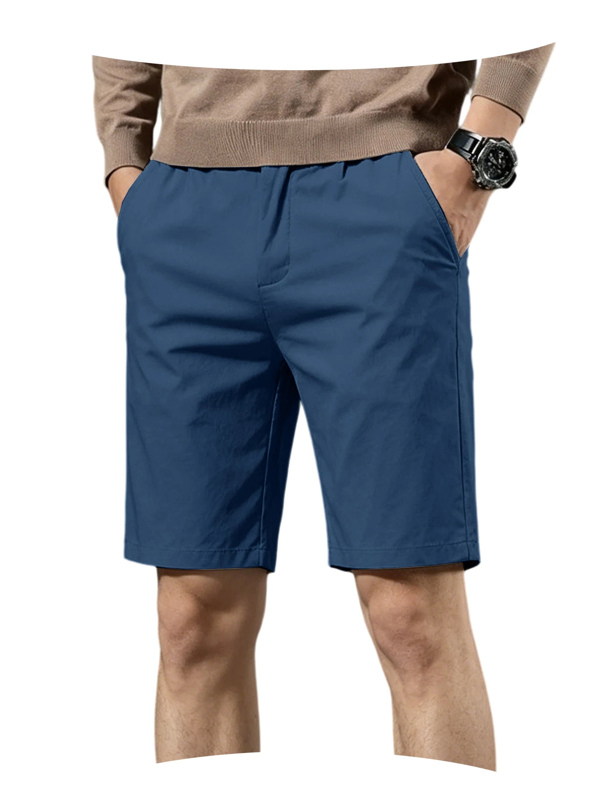 Men Cotton Solid Knee Length Bermuda Shorts Straight Chino Shorts Front Back Pockets Breathable Summer Beach Daily Casual Shorts