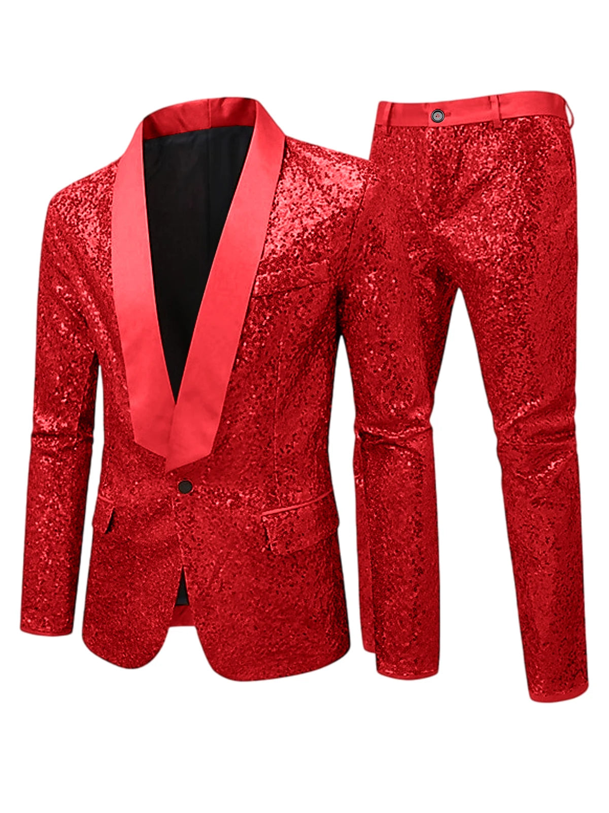 Men's Sequin Tuxedo Suit Set Shiny One Button Satin Patchwork Shawl Lapel Slim Fit 2 Piece Blazer Pants For Wedding Party Prom