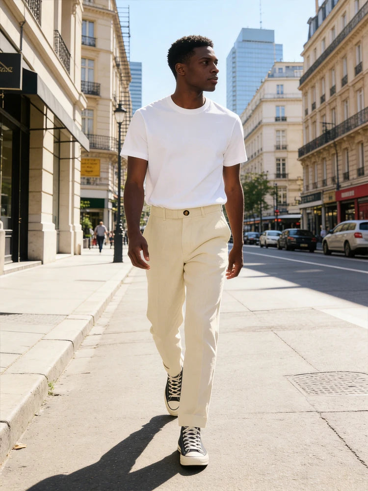 Men's Linen Straight Fit Pants Wrinkle-Resistant Lightweight Breathable Flat-Front Casual Trousers Expandable-Waist For Summer