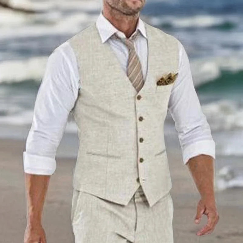 Beige Linen Suit Vest for Men Wedding Summer Beach One Piece Waistcoat V Neck Male  Fashion Cost