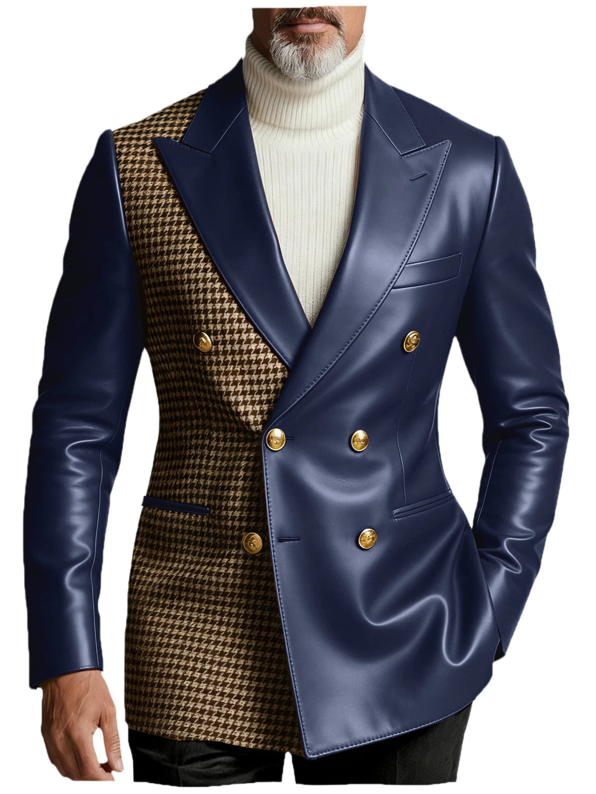 Men's Houndstooth Faux Leather Patchwork Blazer Jacket Double Breasted Peak Lapel Gold Button Slim Fit Suit For Business Casual