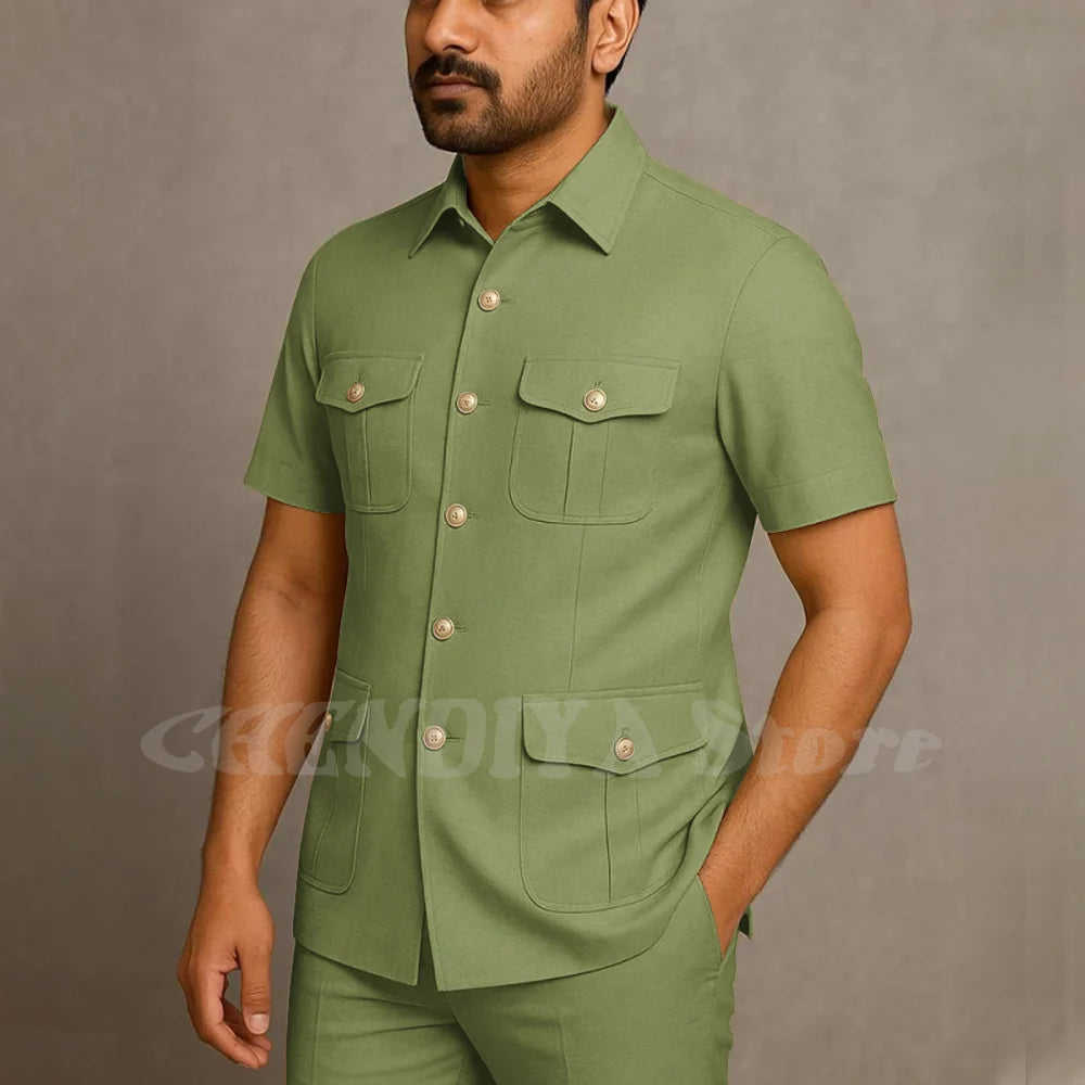 Solid Color Men Suits Safari Style Stand Collar Single Breasted Slim Fit Outfits Smart Casual Office Work Social Daily Set