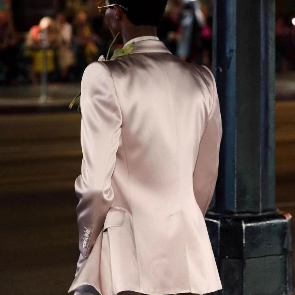 Costume D'homme Satin Pink Mens Pants Suits Set Wedding Tuxedos Custom Made Prom Party Formal Male Blazer (Jacket+Pants)