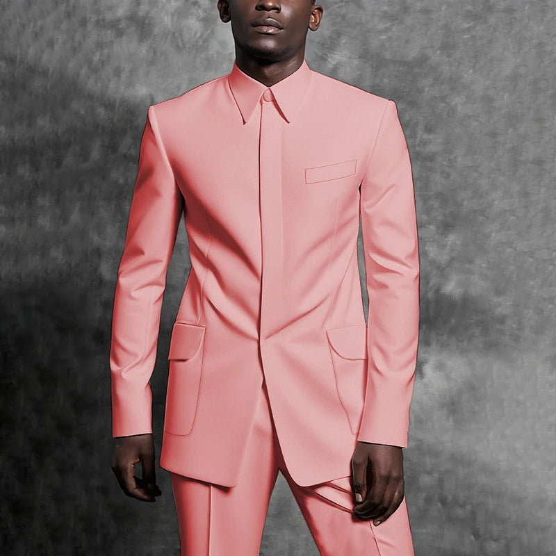 Tailored Suits Stand Collar Tuxedo Gentleman Solid Color Outfit Man Suit Set 2 Piece Smart Casual Daily Office Male Clothing