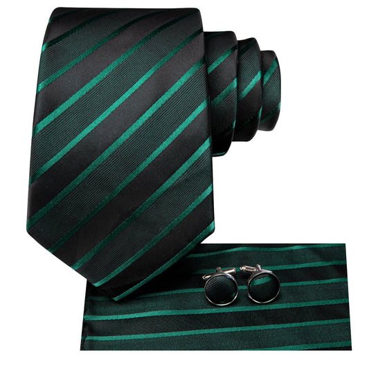 Hi-Tie Striped Black Green Silk Luxury Tie for Man Accessory Mens Fashion Necktie Handkerchief Cufflink for Tuxedo Classic Gift