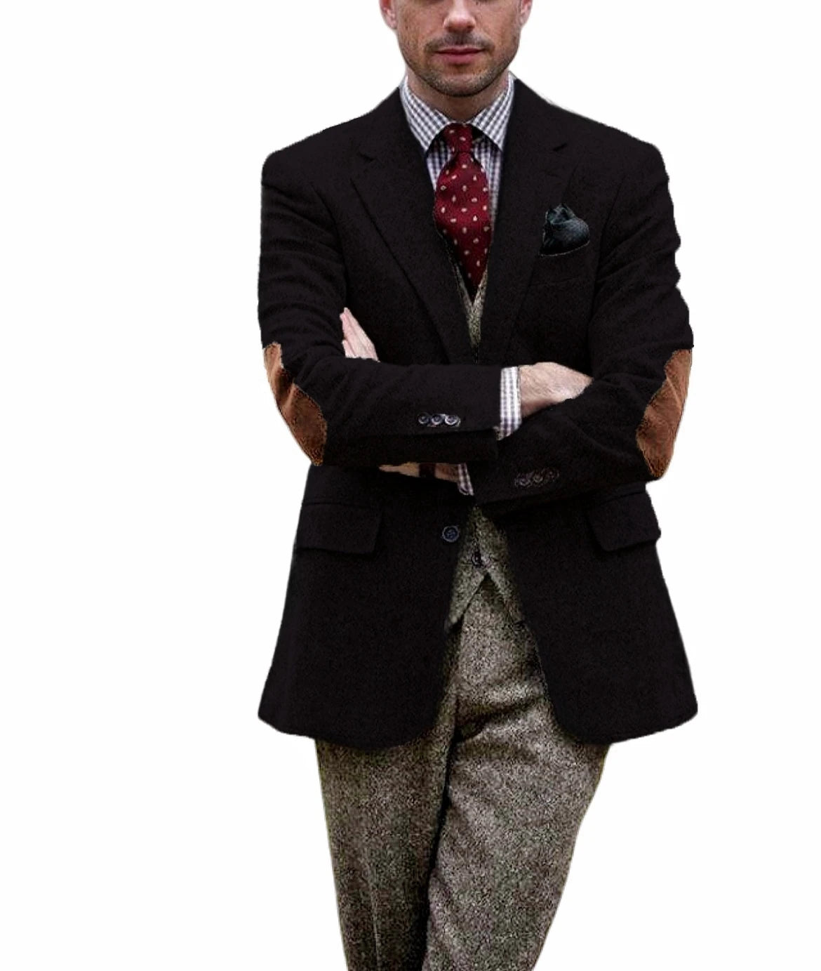 Men's Tweed Blazer Notched Lapel Wool Blend With Elbow Patches Casual Suit Jacket For Business Wedding Daily Wear Party