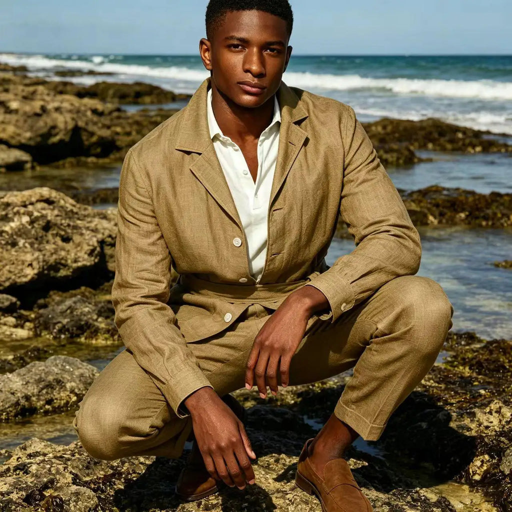Men's Linen Belted Suit 2 Piece Set Casual Breathable Blazer & Pants Summer Lightweight Business Casual Outfit for Wedding Beach