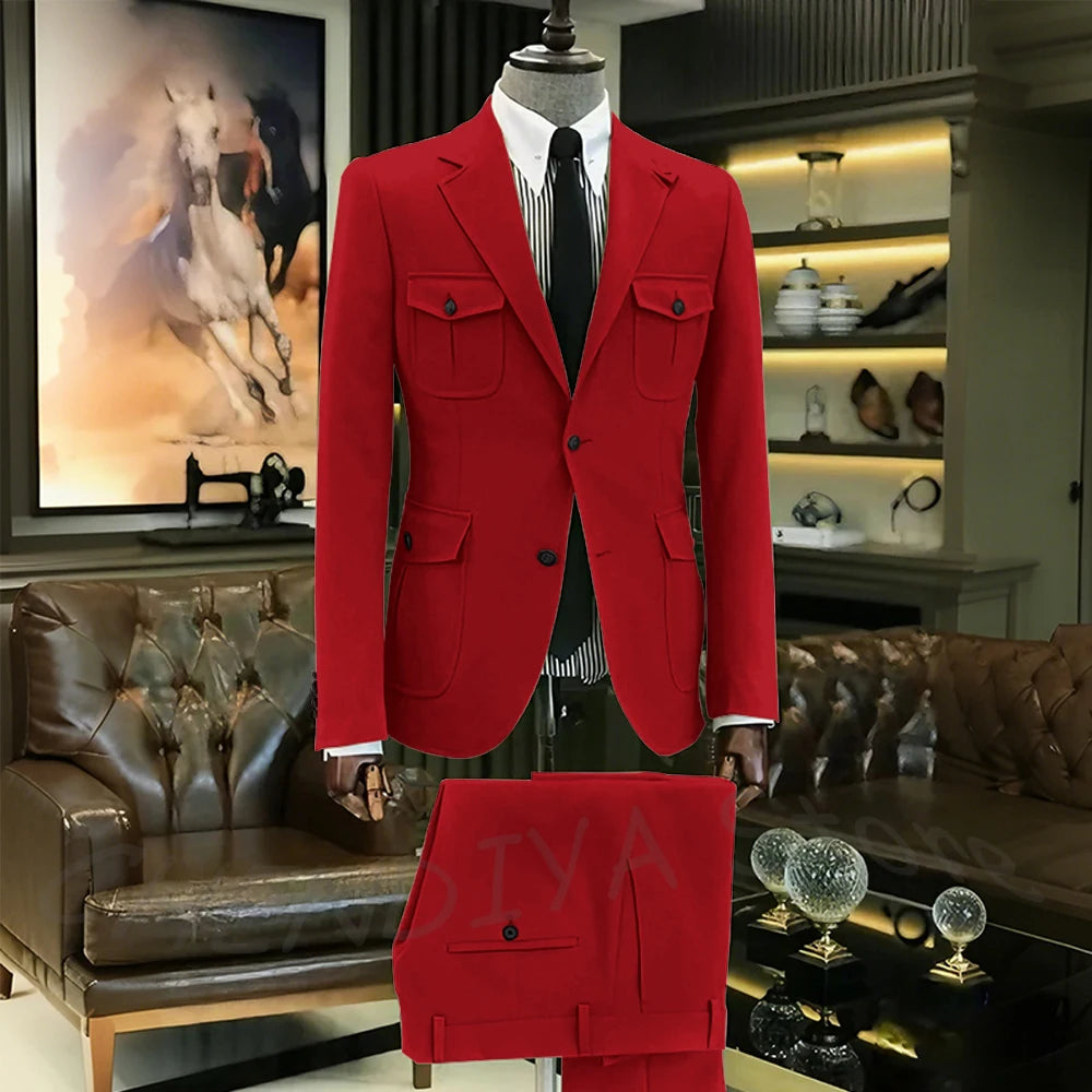 Customized Men Suits Solid Color Four Pockets Notch Lapel Outfits Formal Party Prom Daily Male Sets Two Piece(Blazer+Pants)