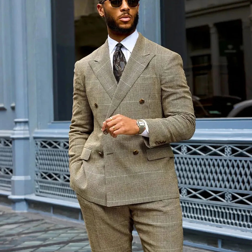 Peaked Lapel Men's Suits Unique Design Fashion Double Breasted High Quality Two Pieces Wedding Groom Tuxedo Custom Man Set