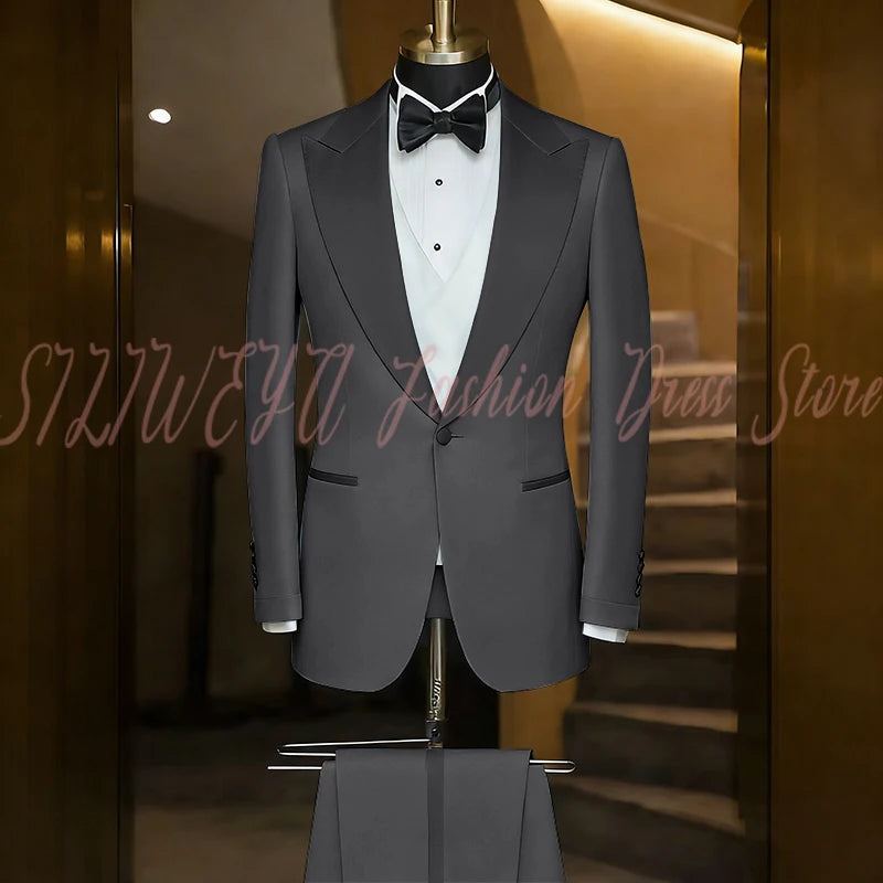 Elegant Black Men's Suit Single Breasted Peak Lapel Wedding Groom Tuxedo Dinner Party Dress Business Casual Male Clothing