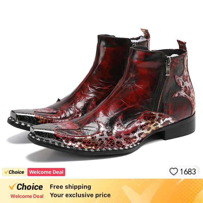 Italian Type Handmade Men's Boots Pointed Iron Toe Genuine Leather short Boots Botas Hombre Punk Party Red motorcycle man Boots