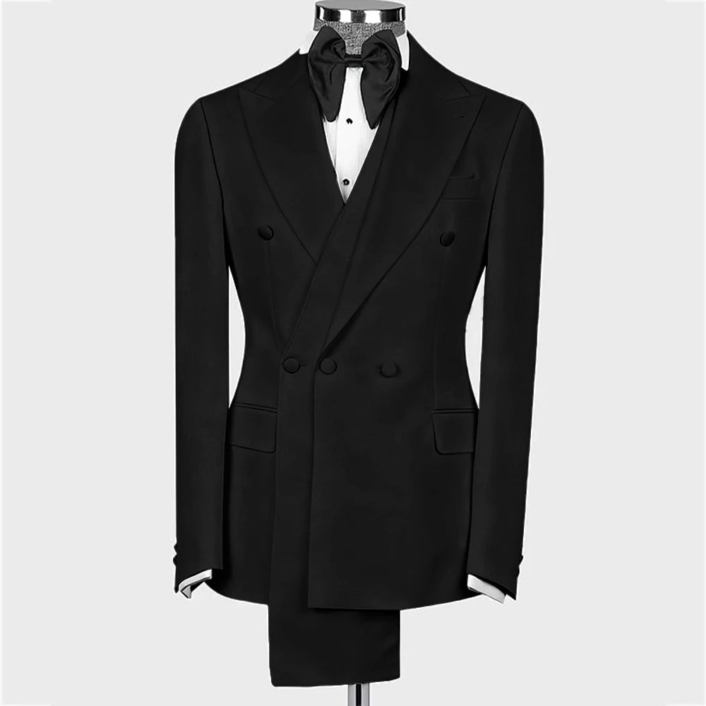 High Quality Man Suit Two Piece Peaked Lapel Slim Fit Jacket with Black Pants Formal Outfit Business Party Groom Wedding Set