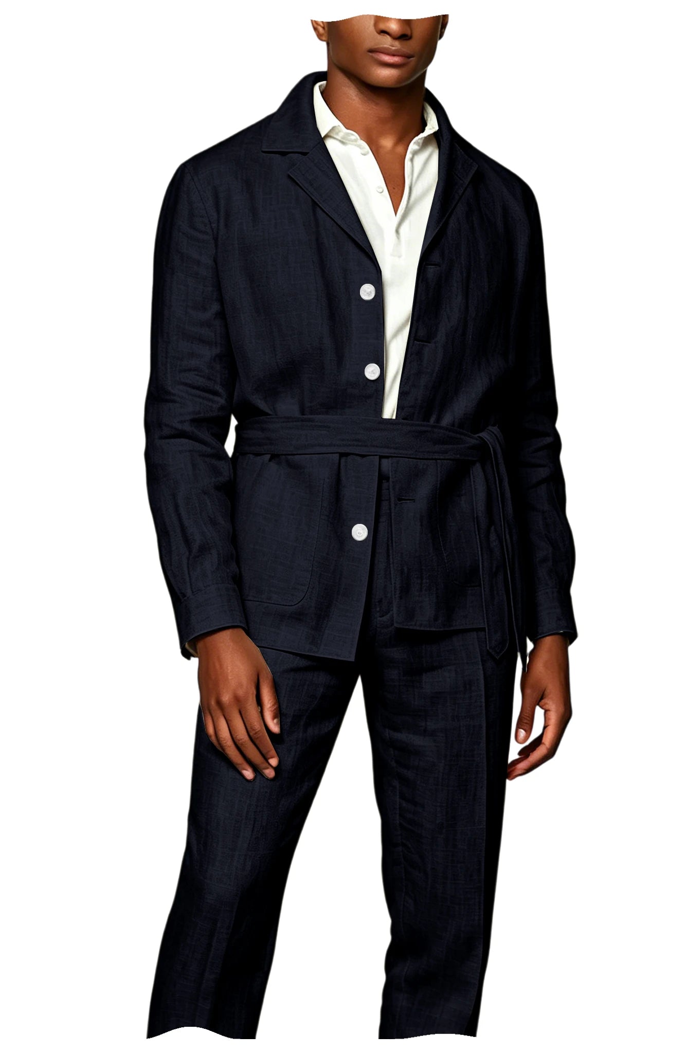 Men's Linen Belted Suit 2 Piece Set Casual Breathable Blazer & Pants Summer Lightweight Business Casual Outfit for Wedding Beach