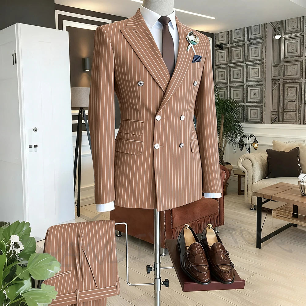 Brown Striped Men Suits Double Breasted Formal Outfits 2 Piece Male Clothing Business Casual Tailored Party Prom Jacket Pants