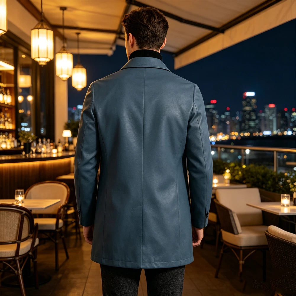 Men Premium Leather-Like Trench Coat Turn-Down Collar Single Breasted Mid-Length Overcoat Classic Slim Fit Business Casual Wear