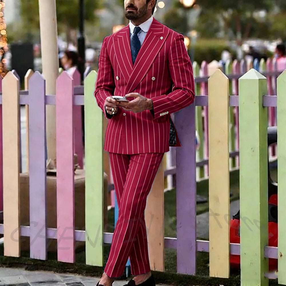 Light Purple Striped Men Suit England Style Peaked Lapel Double Breasted Classic Male Clothing Wedding Groom Tuxedo Custom Set