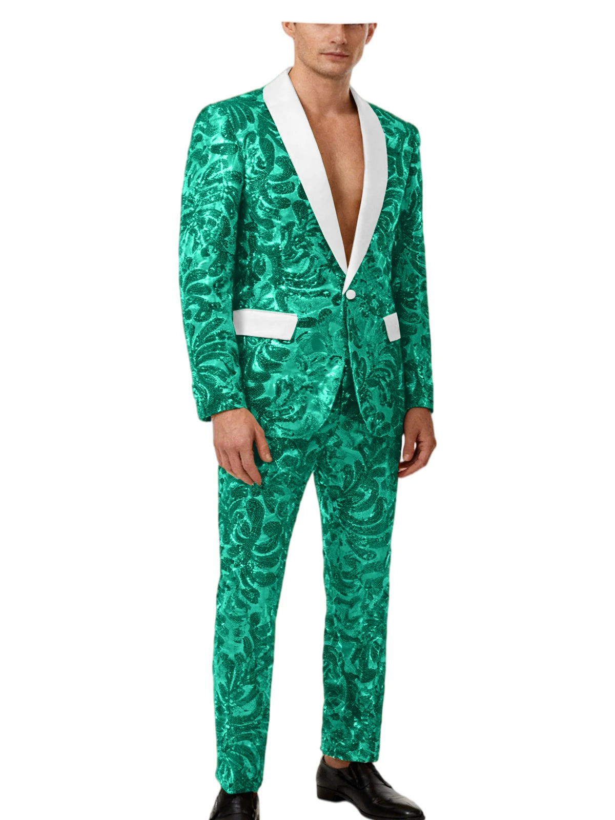 Men's Sequin Paisley Tuxedo Set Suit White Satin Shawl Lapel Slim Fit 2 Piece Blazer+Pants For Wedding Prom Party Suit Plus Size