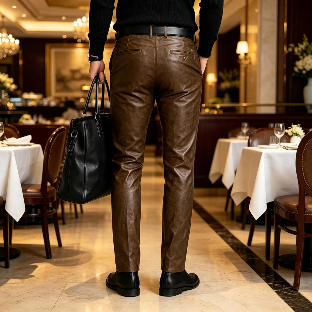 Men's Faux Leather Straight Leg Pants Slim Fit Business Casual Trousers Streetwear For Daily Office Travel