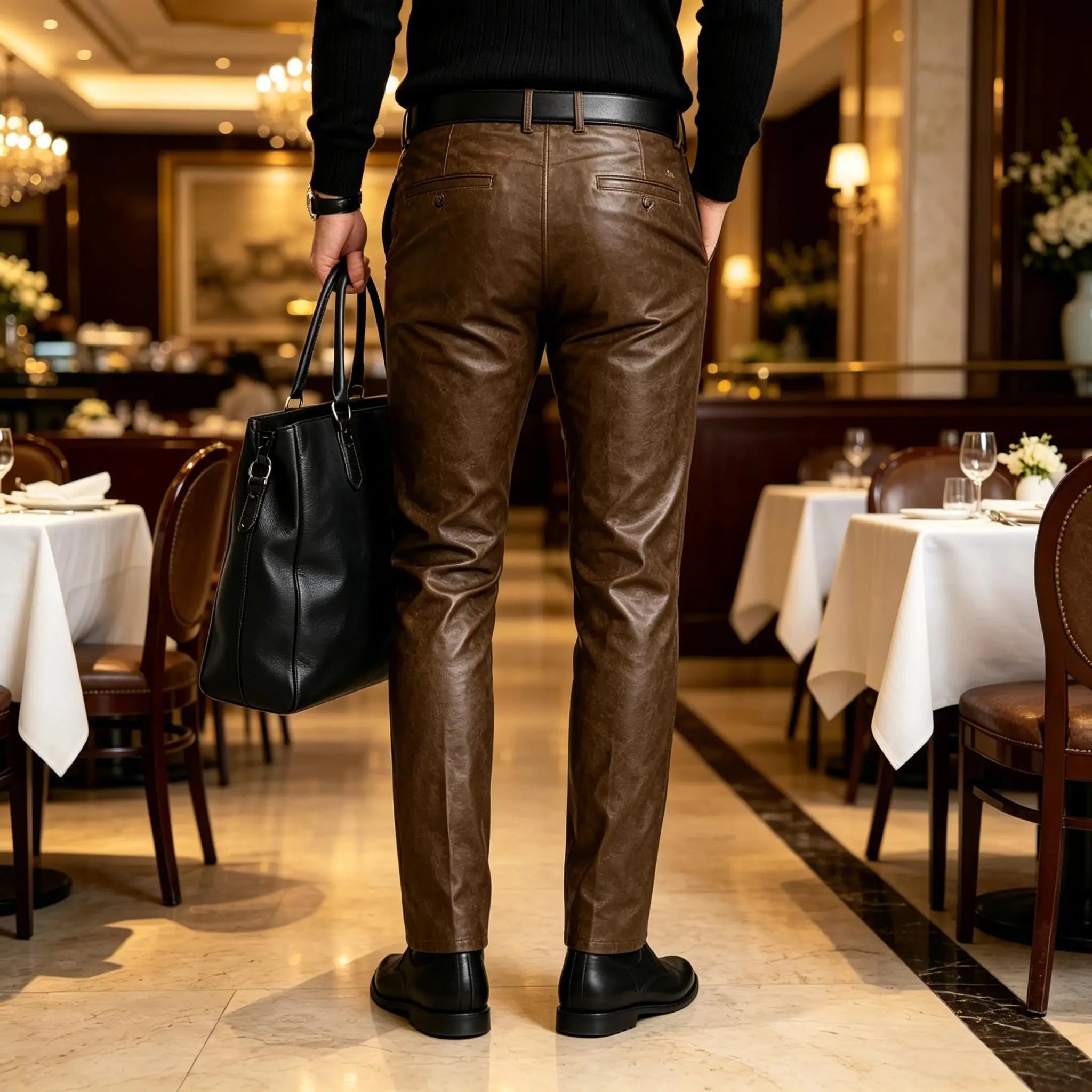 Men's Faux Leather Straight Leg Pants Slim Fit Business Casual Trousers Streetwear For Daily Office Travel