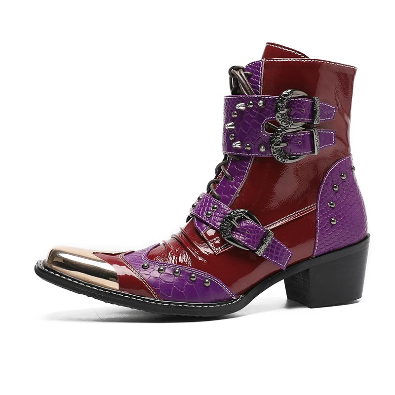 Men's Purple Men's Boots Metal Square Toe Double Buckle Patent Leather Side Zipper Double Buckle Boots Lace Up Party Men's Shoes