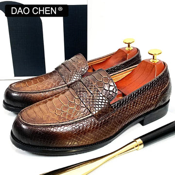 LUXURY MEN LEATHER SHOES BLACK COFFEE SLIP ON SNAKE PRINT DRESS MEN'S CASUAL SHOES WEDDING OFFICE BANQUET Loafers Shoes For Men