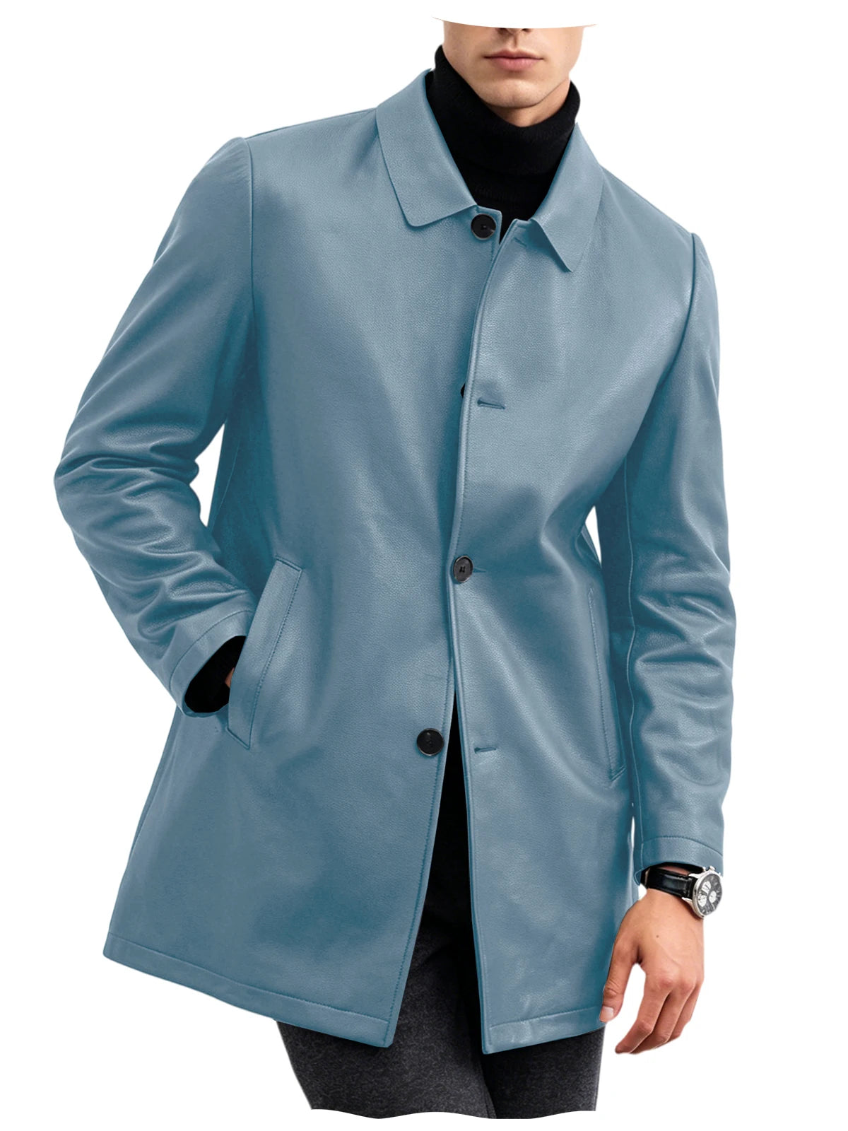 Men Premium Leather-Like Trench Coat Turn-Down Collar Single Breasted Mid-Length Overcoat Classic Slim Fit Business Casual Wear