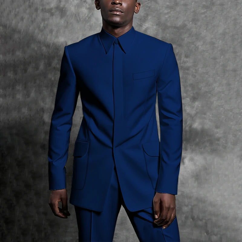 Tailored Suits Stand Collar Tuxedo Gentleman Solid Color Outfit Man Suit Set 2 Piece Smart Casual Daily Office Male Clothing