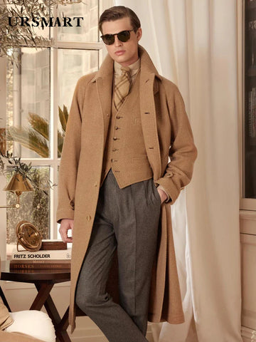 Long  length wool coat men's camel classic single breasted thickened and detachable down jacket British style men's wool coat