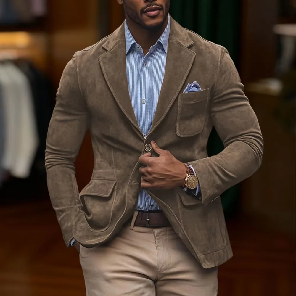 Men's Suede Brown Blazer Vintage Slim Fit Notched Lapel Formal Jacket High Quality Flap Pocket Sport Coat For Business Casual