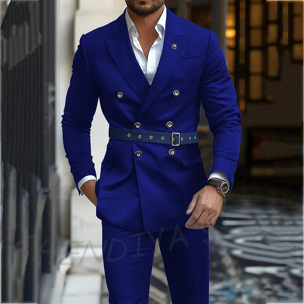 Navy Blue Men's Suit Classic Peak Lapel Blazer Double Breasted Formal Set Two Piece Business Casual Male Clothing Without Belt
