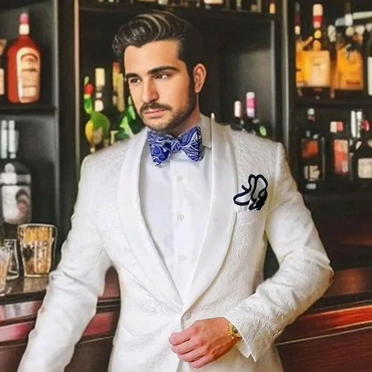 Luxury HIgh Quality Men Suits 2024 One Button Shawl Lapel Jacquard Fabric Outfit Smart Casual Wedding Groom 2 Piece Blazer Pants