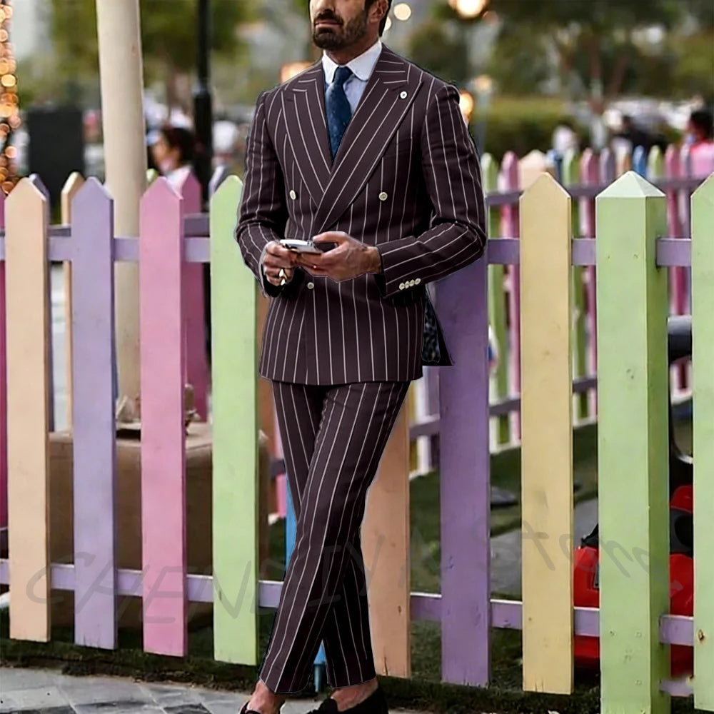 Light Purple Striped Men Suit England Style Peaked Lapel Double Breasted Classic Male Clothing Wedding Groom Tuxedo Custom Set