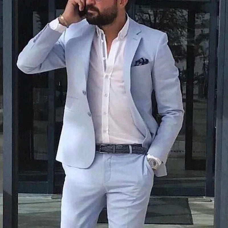 2 Piece2024 Custom Sky Blue Men's Suits Casual Summer Tuxedo Slim Fit Blazer Beach Wedding Jacket  Set Traje Formal Para Hombre